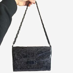 Jessica McClintock Black Crocodile Embossed Shoulder Bag